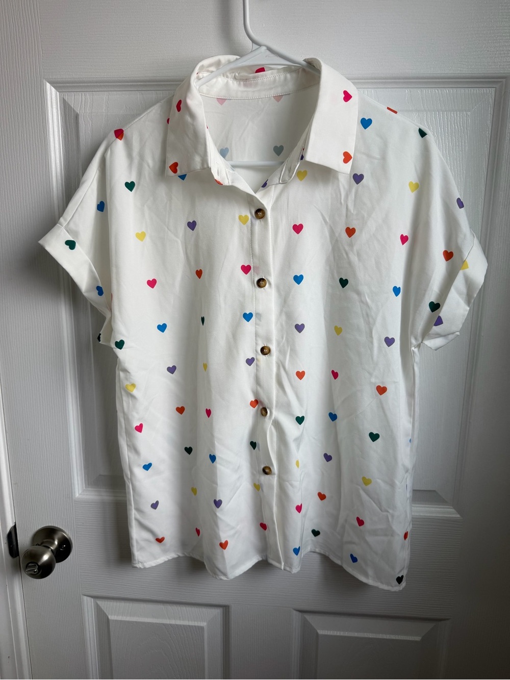 SHEIN White Button-Down Shirt with Multicolor Heart Print